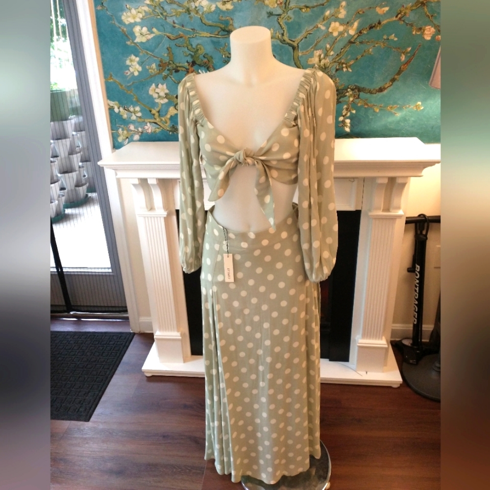 Capulet Sage Green and White Polka Dot Two-Piece Skirt Set